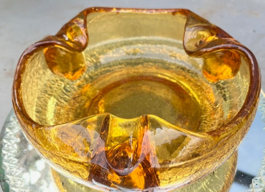 Mid Century Amber Crackle Glass Cigar Ashtray
