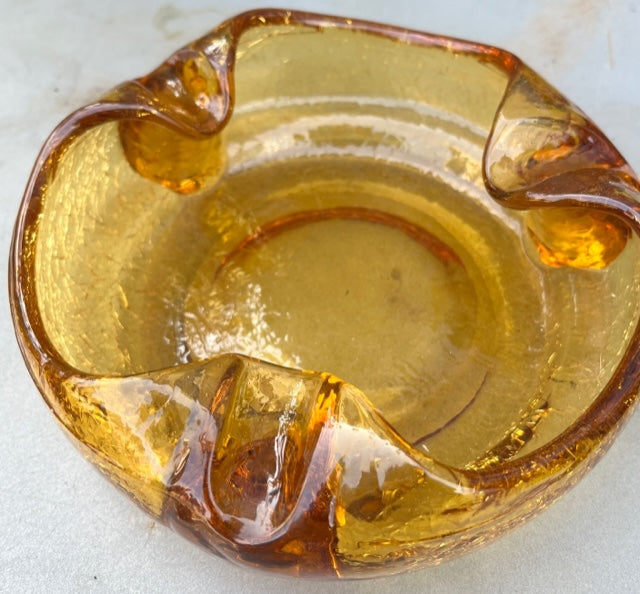Mid Century Amber Crackle Glass Cigar Ashtray