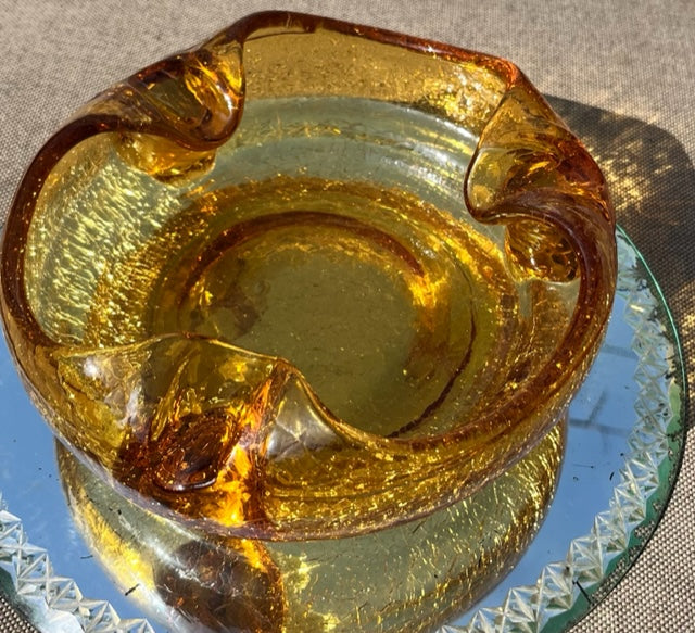 Mid Century Amber Crackle Glass Cigar Ashtray